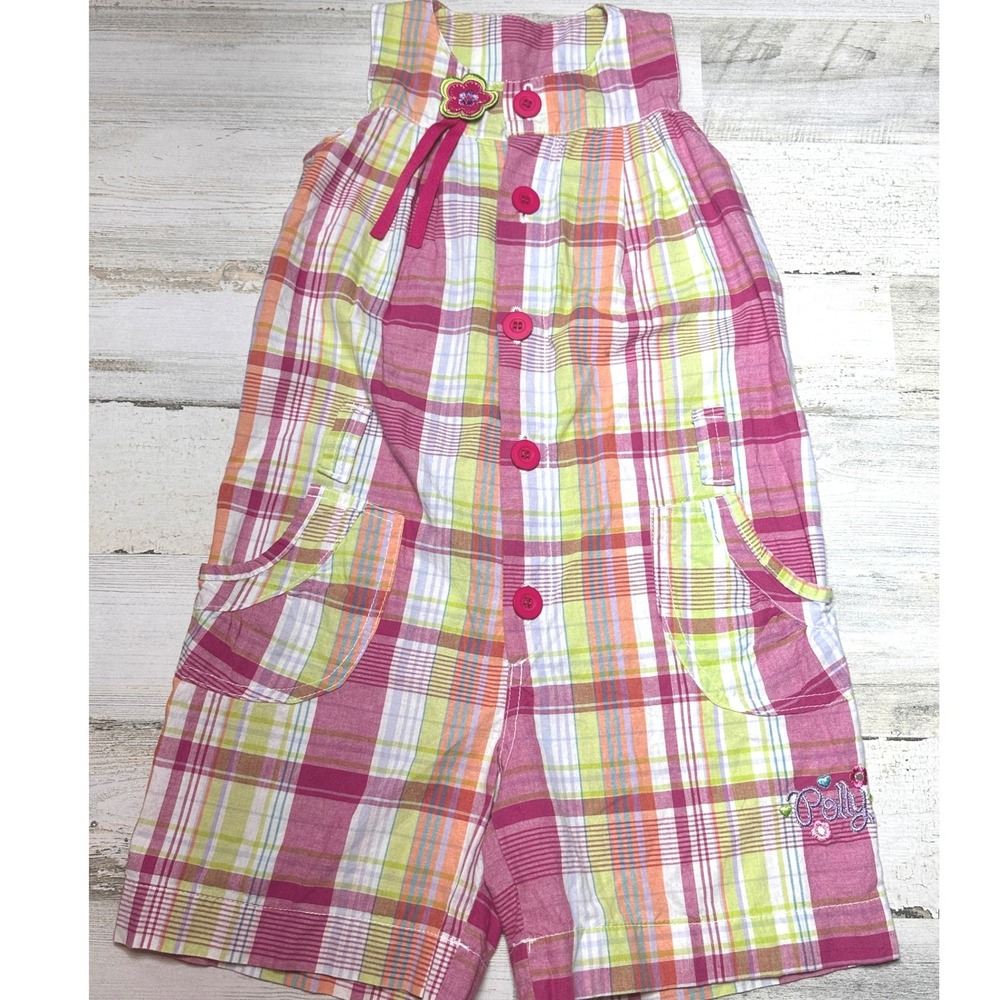 RARE HTF Polly Pocket Romper Kids 10 Pink Plaid Y2K Retro Flower Embroidered